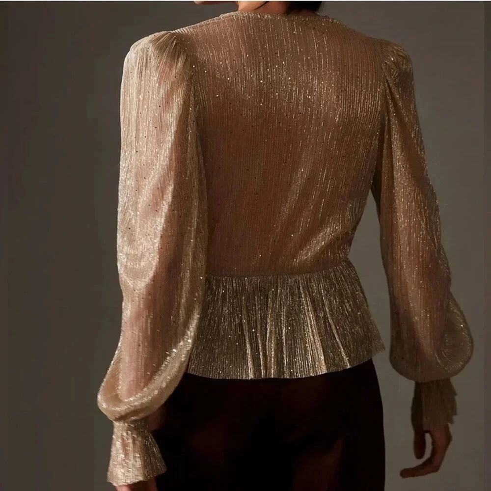 Sabina Musayev Liya Top Champagne Gold Sheer Blouse Size Medium - Picture 4 of 11